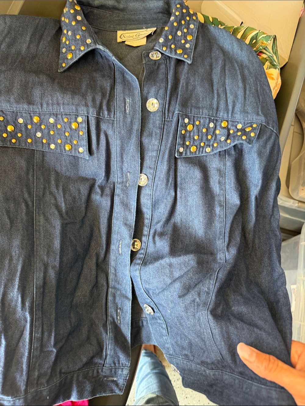 Denim Jean Jacket with Gold Stud Accents - Women's
